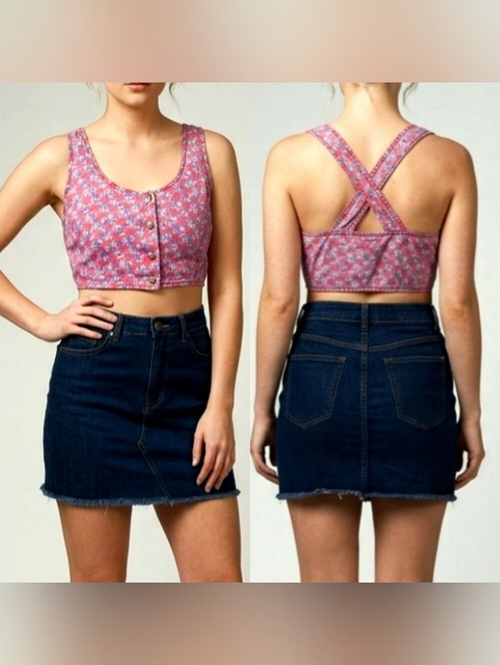 Vtg 90s Extra Femme pink blue floral denim bustier criss cross corset vest top S